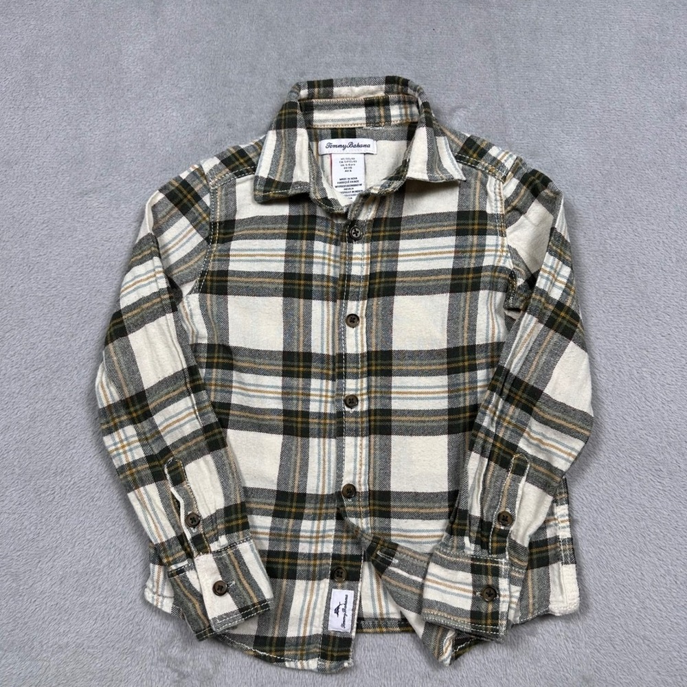 Tommy Bahama Boys Flannel Shirt Size S (5/6) Button Up Plaid Green Tan Casual